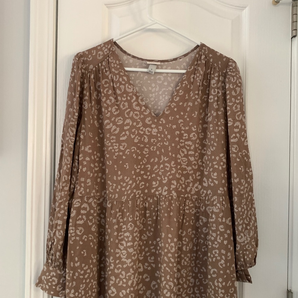 A New Day Brown Leopard‎ Print Tiered Maxi Dress Long Sleeve V-Neck Rayon Small - Picture 2 of 11